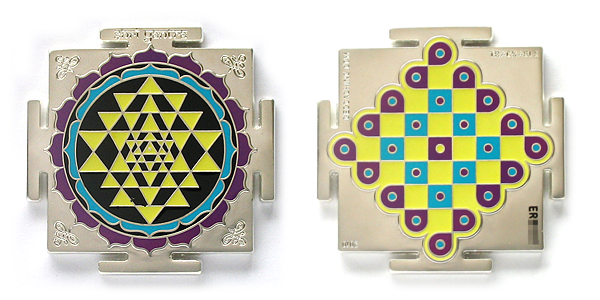 shri yantra geocoin, matte silver